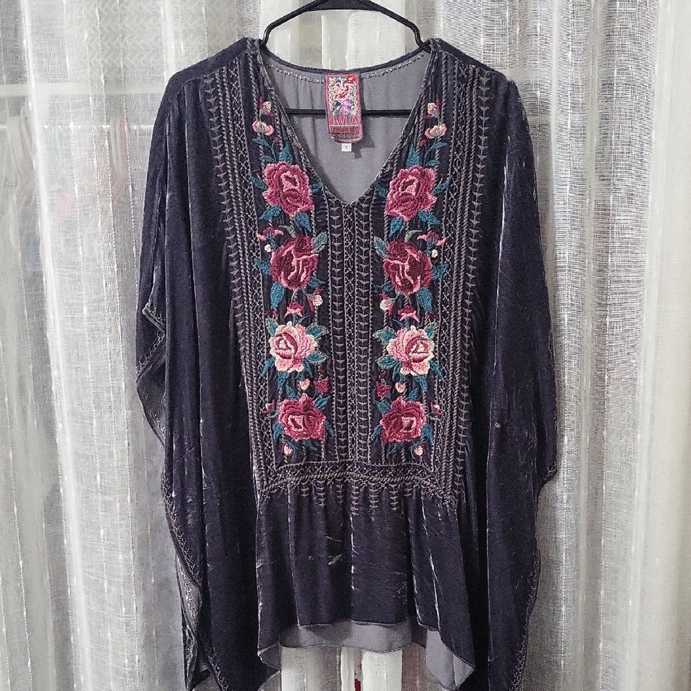 Johnny Was Grey Top with Pink Floral Embroidery